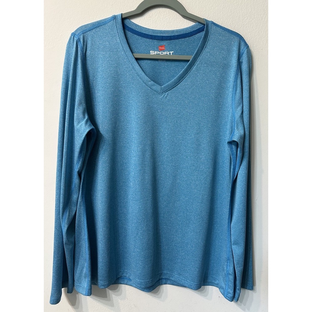 Hanes Sport Women XL Performance Shirt Long Sleeve V-Neck Heather Blue Cool DRI